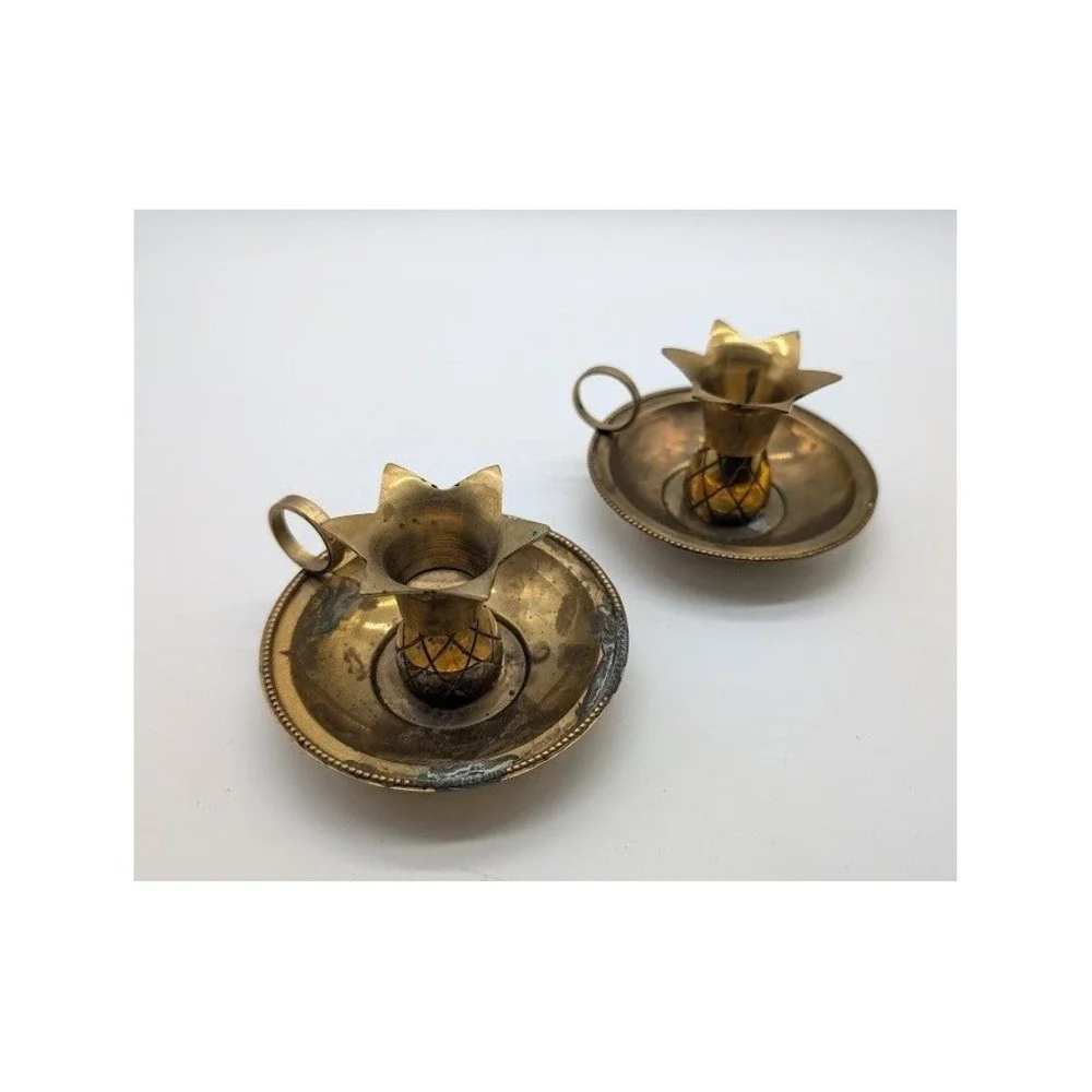 2 Set Vintage Brass Pineapple Chamberstick Candle Holders 4